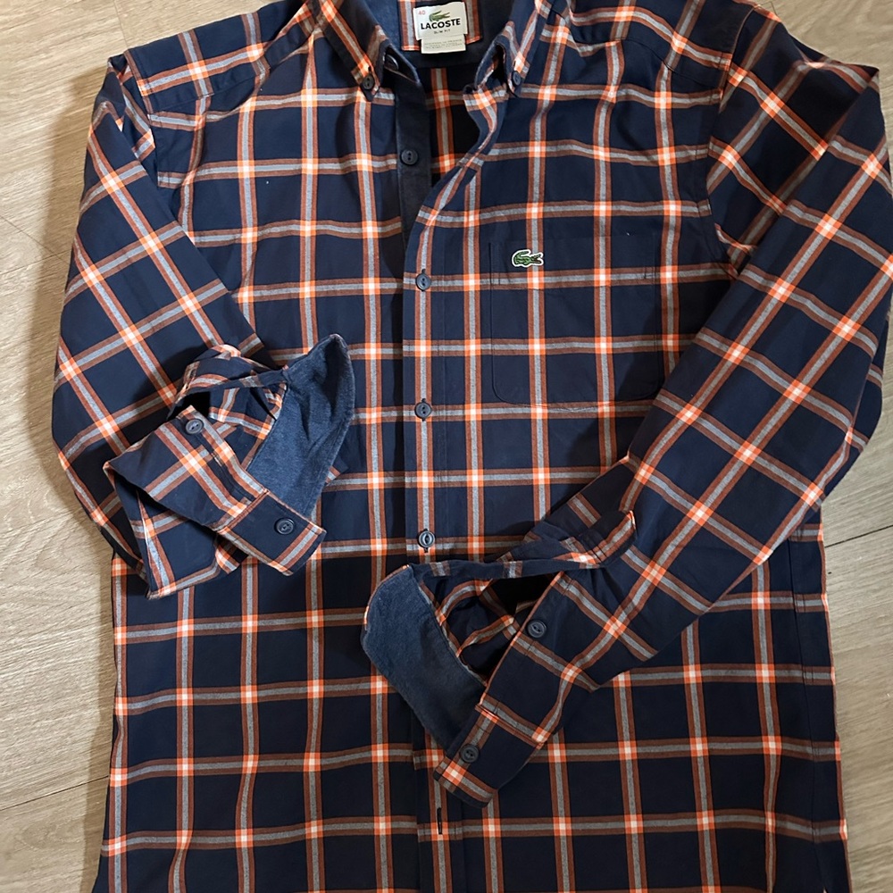 Lacoste Men's Blue and Orange Plaid Shirt